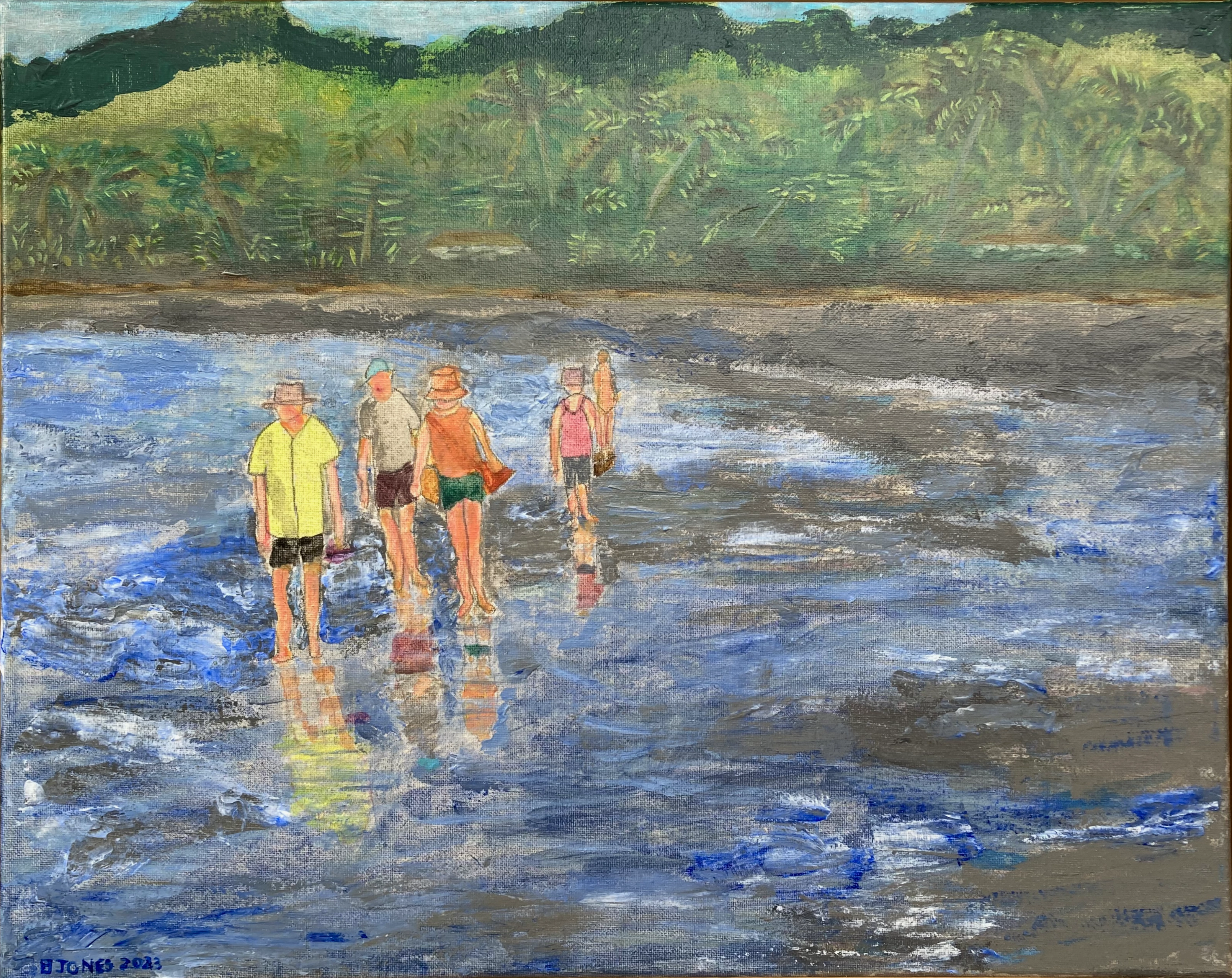 An acrylic painting of figures walking on a beach beneath a lively sunset.