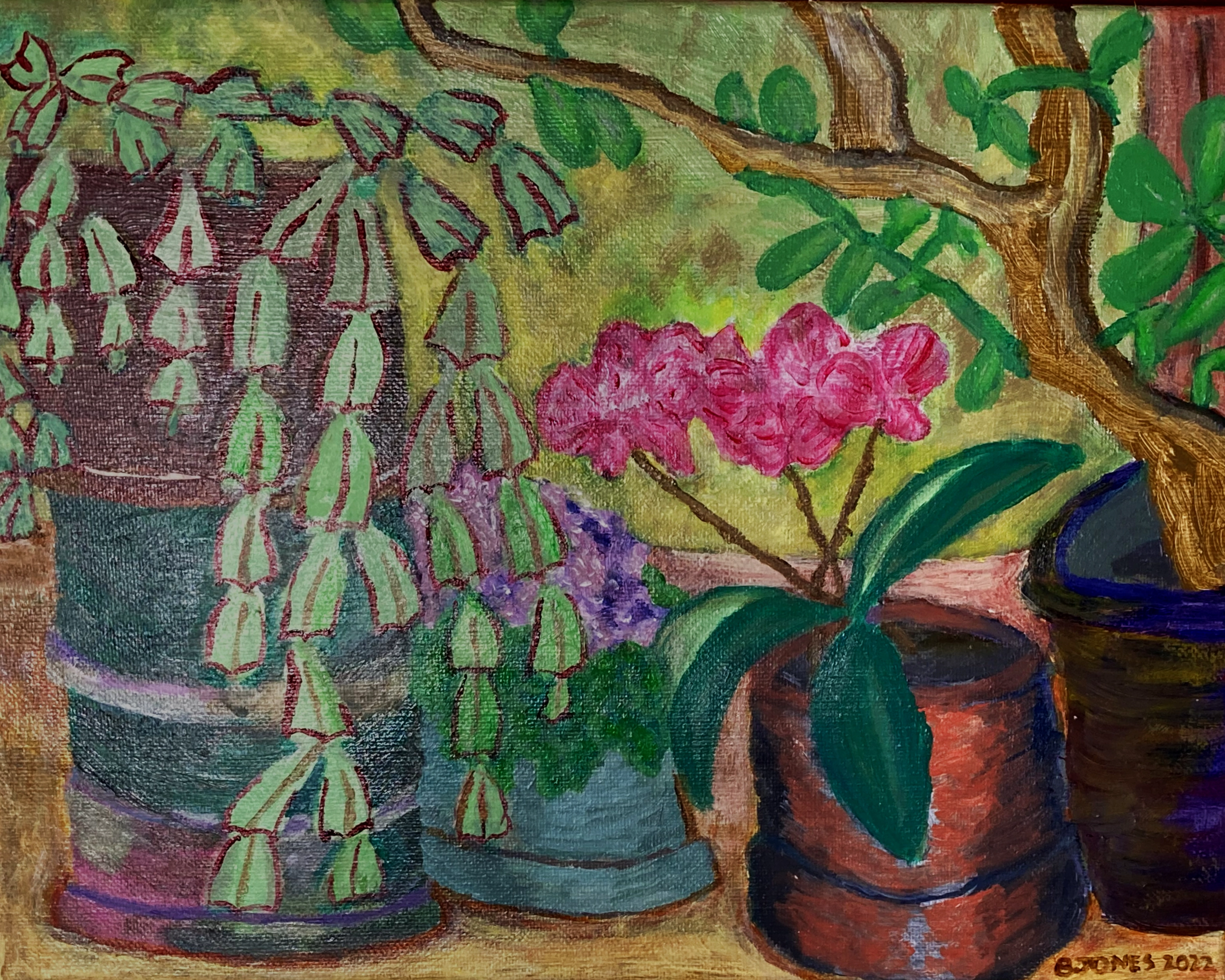 A still life acrylic painting, including a christmas cactus, jade, and some pink flowers.